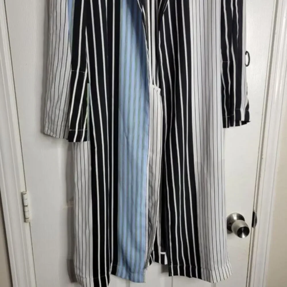 BCBGMAXAZRIA Shirt Jacket Small Black Blue Stripe Trech Belt Pockets Lightweight - Picture 5 of 11
